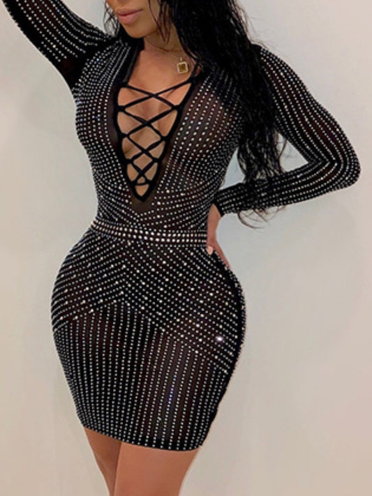 SXY See Through Rhinestone Bodycon Dress BO50120 Furdela