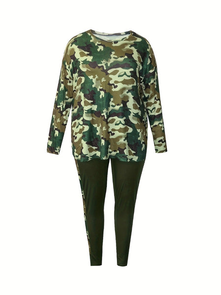 Plus Size Split Pattern Camo Skinny Two-piece Pants Set AT9042