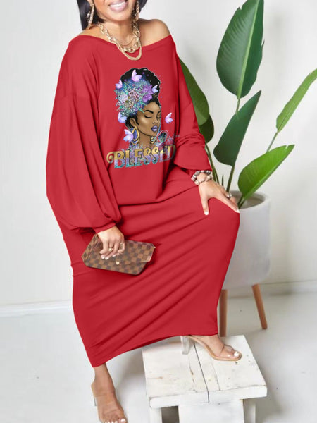 Plus Size Off The Shoulder Figure Letter Butterfly Print Dress AT9034