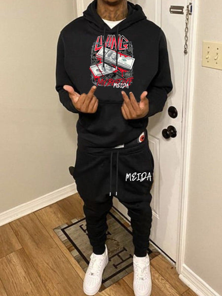 Men Money Letter Print Kangaroo Pocket Tracksuit Set AT9069