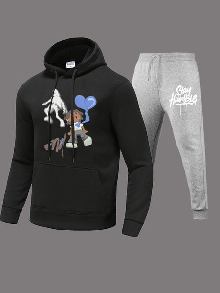 Plus Size Cartoon Letter Print Kangaroo Pocket Tracksuit Set AR8018