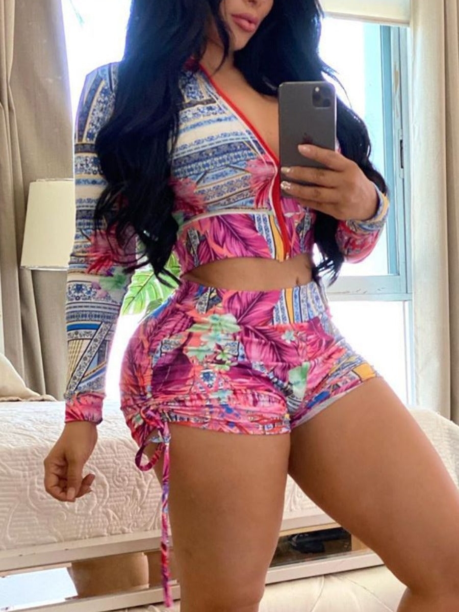 Floral Print Drawstring Shorts Set AR8043