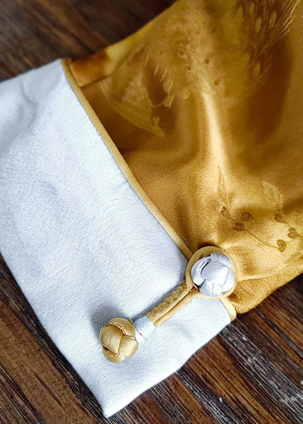 Yellow Button Jacquard Patchwork Silk Shirt O Neck Long Sleeve LY0988