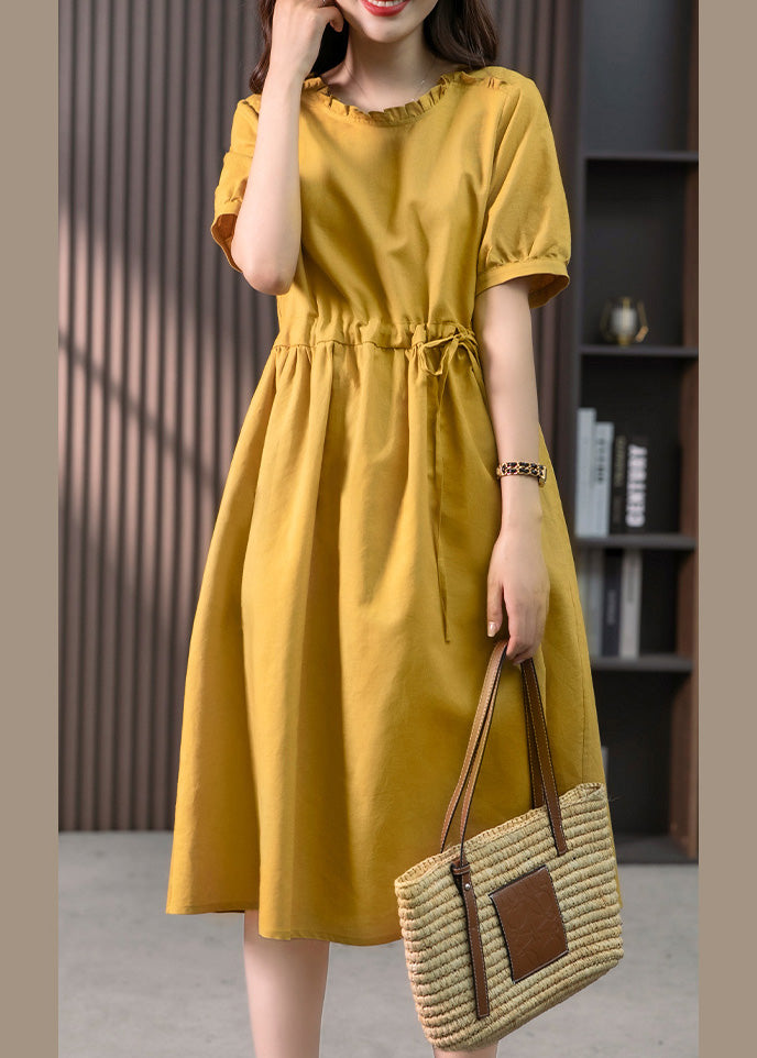Yellow Drawstring Slim Linen Long Dress Short Sleeve LY1752