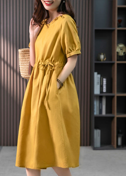 Yellow Drawstring Slim Linen Long Dress Short Sleeve LY1752