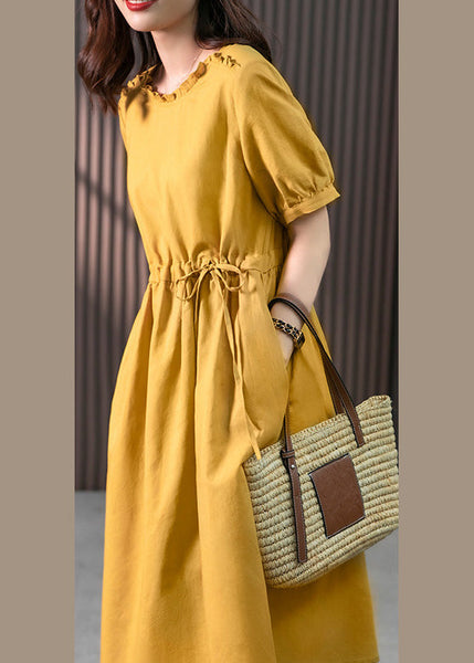 Yellow Drawstring Slim Linen Long Dress Short Sleeve LY1752