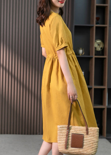 Yellow Drawstring Slim Linen Long Dress Short Sleeve LY1752