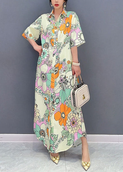 Yellow Floral Patchwork Long Cotton Dresses Peter Pan Collar Summer LC0350