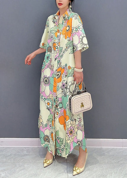 Yellow Floral Patchwork Long Cotton Dresses Peter Pan Collar Summer LC0350