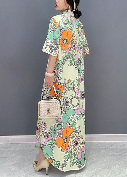 Yellow Floral Patchwork Long Cotton Dresses Peter Pan Collar Summer LC0350