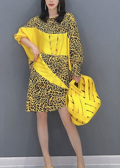 Yellow Leopard Patchwork Long Dresses Long Sleeve LC0297