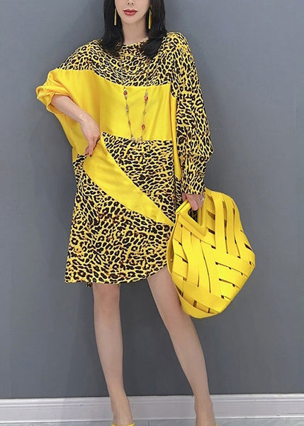 Yellow Leopard Patchwork Long Dresses Long Sleeve LC0297