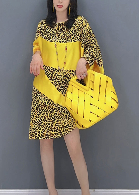 Yellow Leopard Patchwork Long Dresses Long Sleeve LC0297