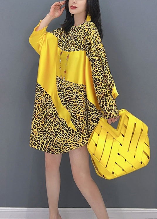 Yellow Leopard Patchwork Long Dresses Long Sleeve LC0297