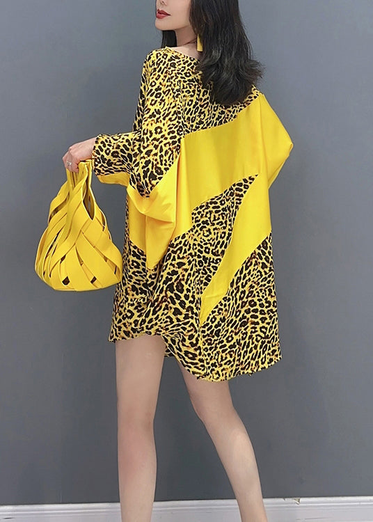 Yellow Leopard Patchwork Long Dresses Long Sleeve LC0297