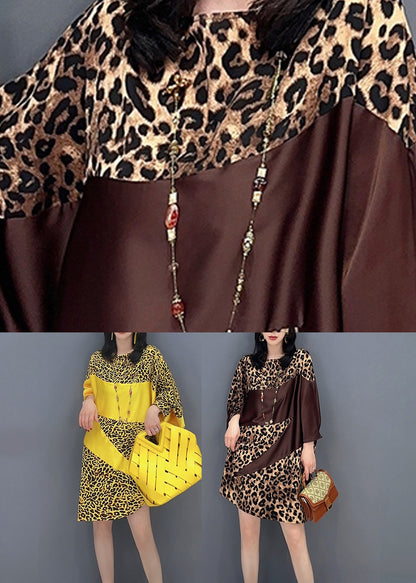 Yellow Leopard Patchwork Long Dresses Long Sleeve LC0297