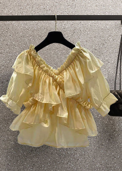 Yellow Patchwork Chiffon Blouses Ruffled V Neck Summer LY0613