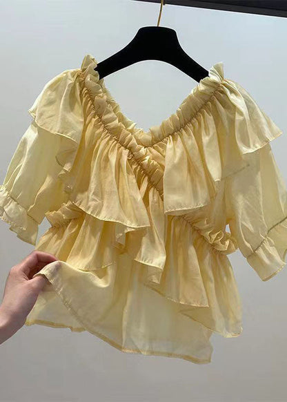 Yellow Patchwork Chiffon Blouses Ruffled V Neck Summer LY0613