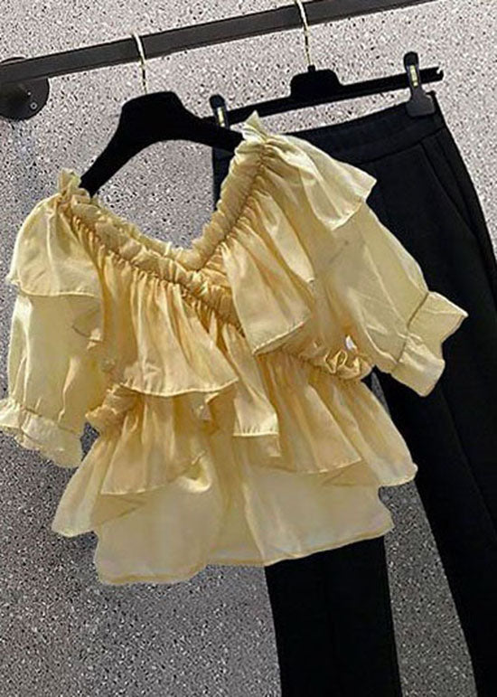 Yellow Patchwork Chiffon Blouses Ruffled V Neck Summer LY0613