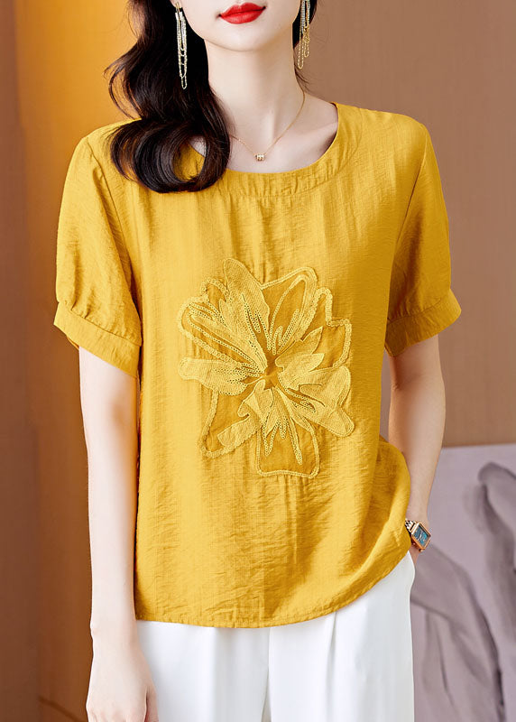 Yellow Patchwork Linen T Shirt Embroideried Wrinkled Summer LY0464