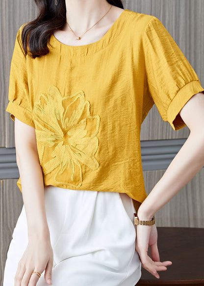 Yellow Patchwork Linen T Shirt Embroideried Wrinkled Summer LY0464