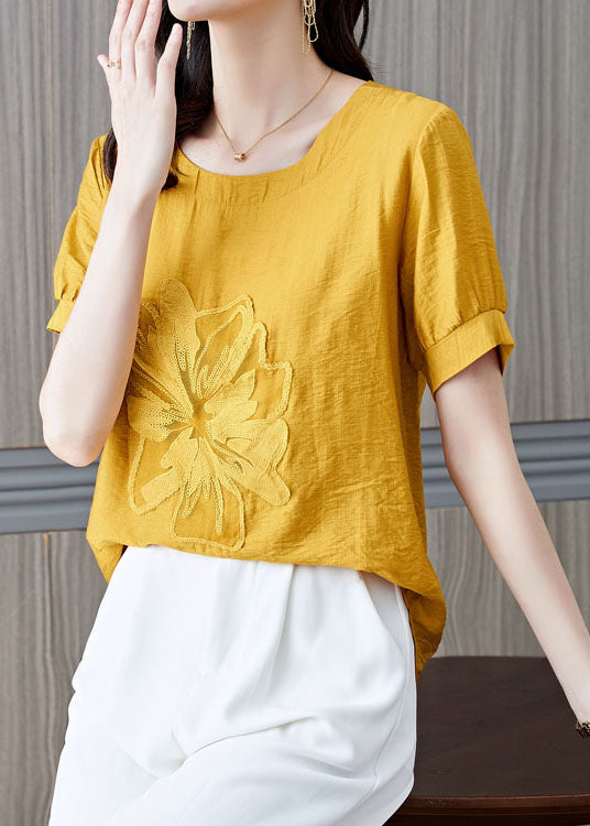 Yellow Patchwork Linen T Shirt Embroideried Wrinkled Summer LY0464