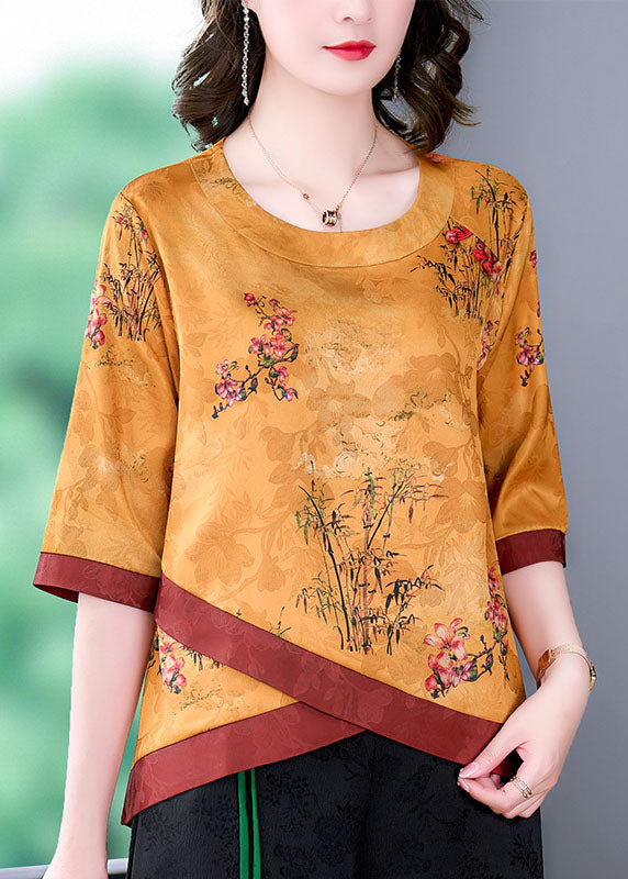 Yellow Patchwork Print Silk Blouse Top O Neck Bracelet Sleeve LY0483