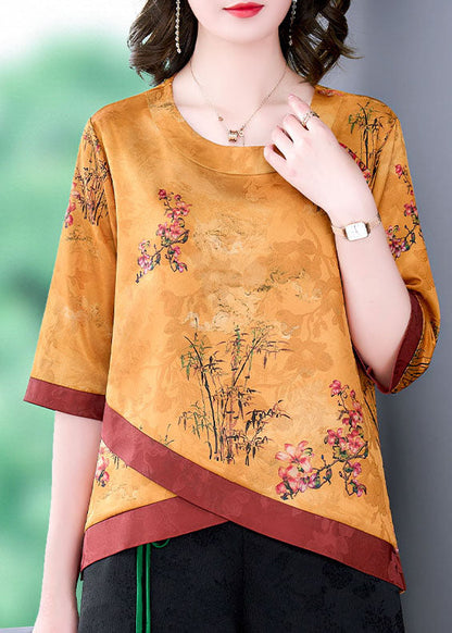 Yellow Patchwork Print Silk Blouse Top O Neck Bracelet Sleeve LY0483