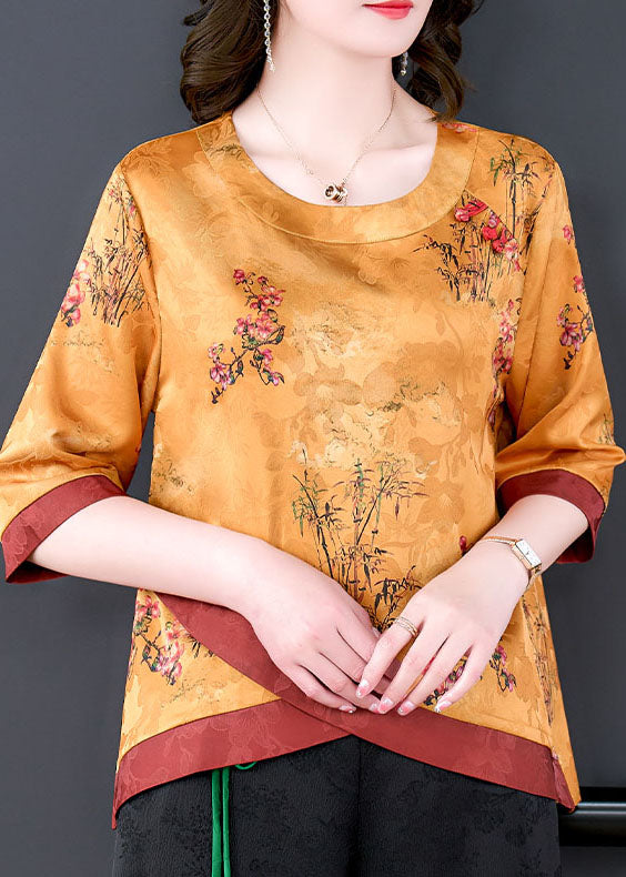 Yellow Patchwork Print Silk Blouse Top O Neck Bracelet Sleeve LY0483