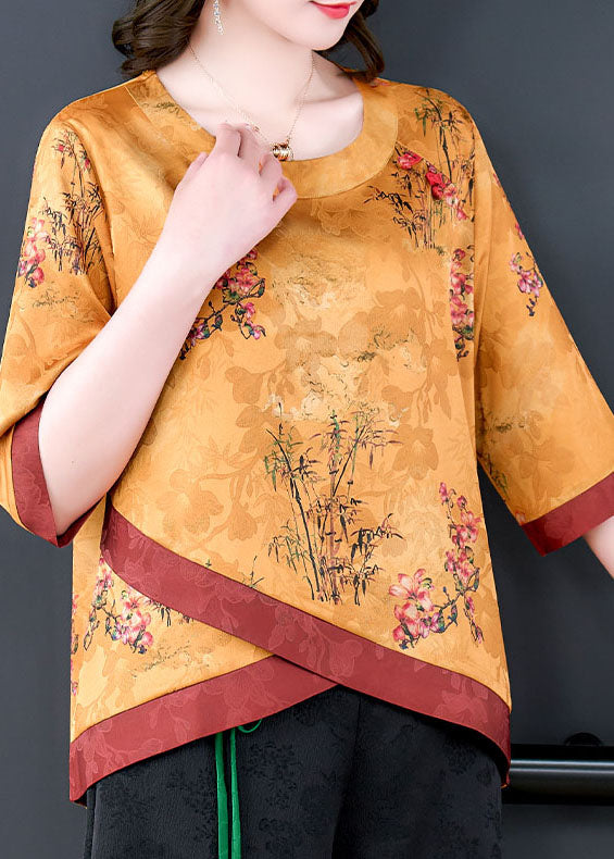 Yellow Patchwork Print Silk Blouse Top O Neck Bracelet Sleeve LY0483