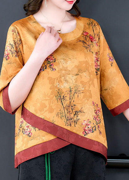 Yellow Patchwork Print Silk Blouse Top O Neck Bracelet Sleeve LY0483