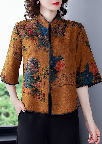 Yellow Patchwork Print Silk Shirt Top Chinese Button Spring LY0479