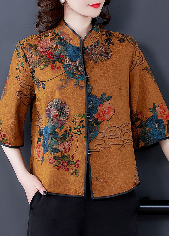 Yellow Patchwork Print Silk Shirt Top Chinese Button Spring LY0479