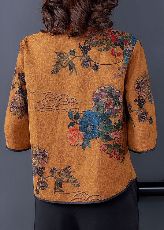 Yellow Patchwork Print Silk Shirt Top Chinese Button Spring LY0479