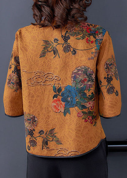 Yellow Patchwork Print Silk Shirt Top Chinese Button Spring LY0479