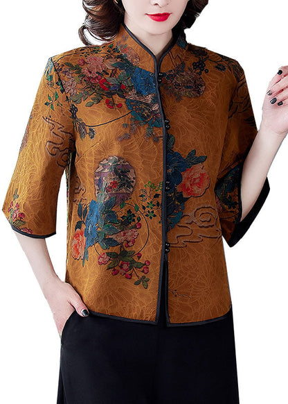 Yellow Patchwork Print Silk Shirt Top Chinese Button Spring LY0479