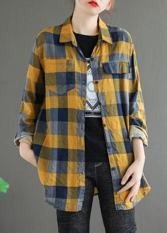 Yellow Plaid Cotton Blouse Top Peter Pan Collar Long Sleeve LY0630