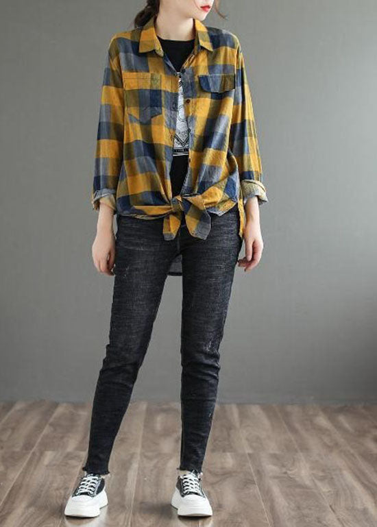 Yellow Plaid Cotton Blouse Top Peter Pan Collar Long Sleeve LY0630