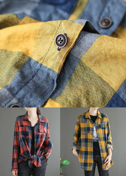 Yellow Plaid Cotton Blouse Top Peter Pan Collar Long Sleeve LY0630