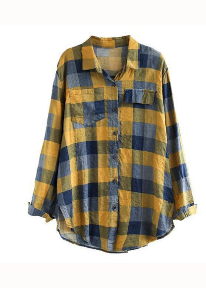 Yellow Plaid Cotton Blouse Top Peter Pan Collar Long Sleeve LY0630