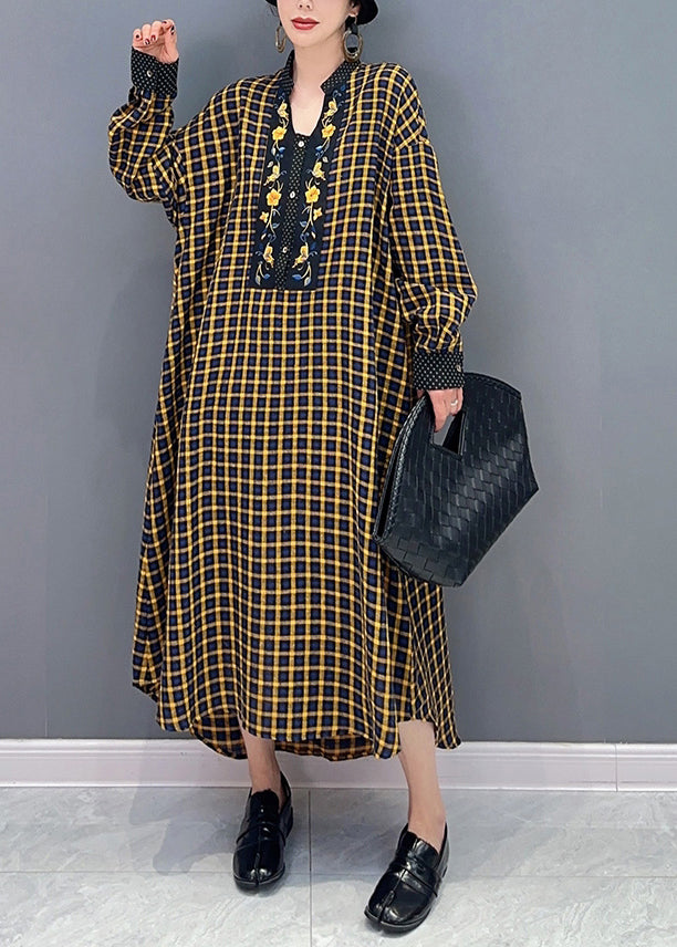 Yellow Plaid Patchwork Maxi Dresses Oversized  Spring LY 0552