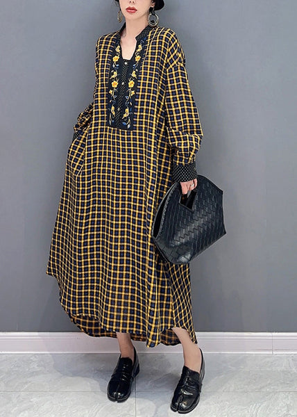 Yellow Plaid Patchwork Maxi Dresses Oversized  Spring LY 0552