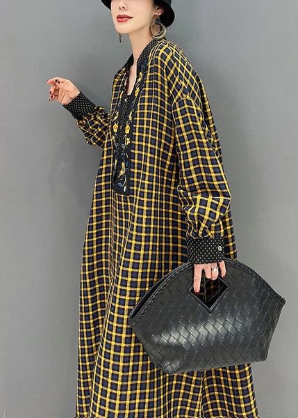 Yellow Plaid Patchwork Maxi Dresses Oversized  Spring LY 0552