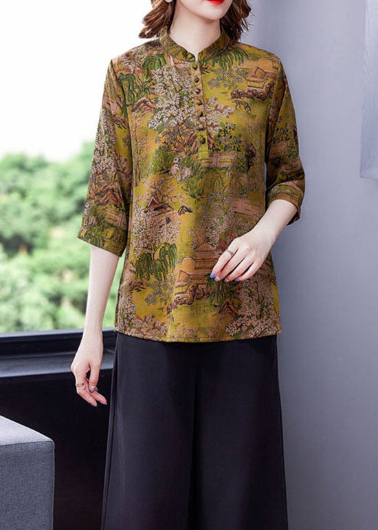 Yellow Print Silk Shirts Tops Stand Collar Button Summer LY0433