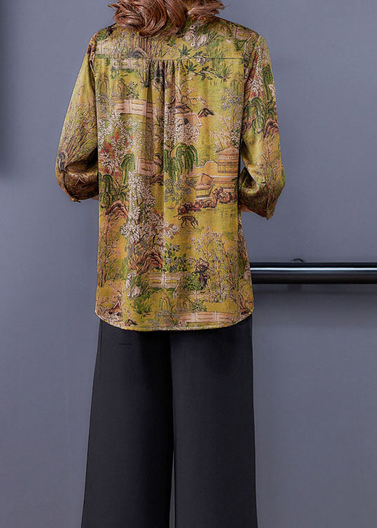 Yellow Print Silk Shirts Tops Stand Collar Button Summer LY0433