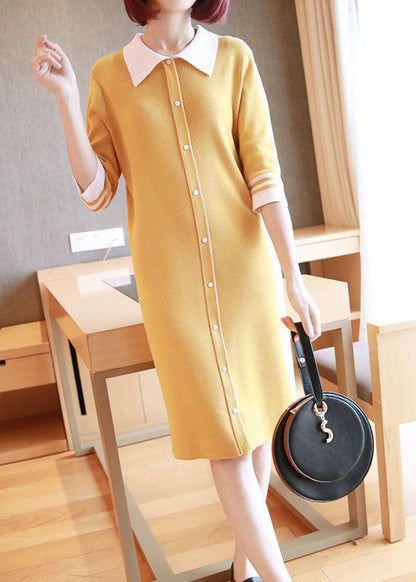 Yellow Slim Fit Knit Mid Dress Turn-down Collar Half Sleeve LY1444