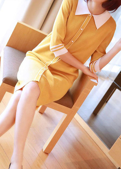 Yellow Slim Fit Knit Mid Dress Turn-down Collar Half Sleeve LY1444