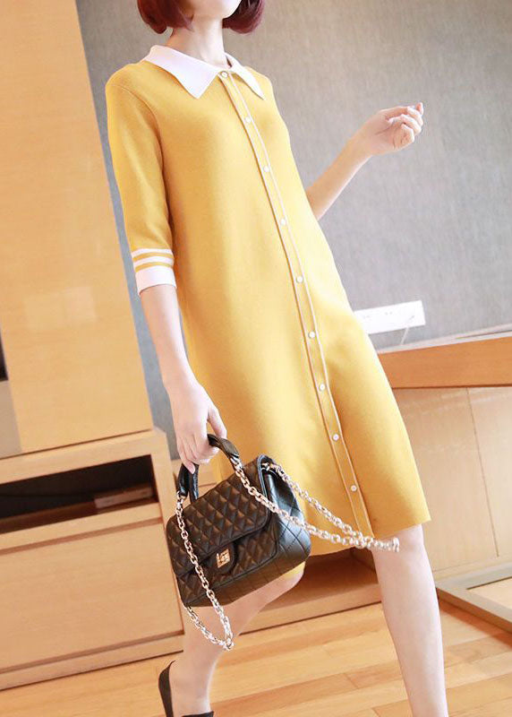 Yellow Slim Fit Knit Mid Dress Turn-down Collar Half Sleeve LY1444