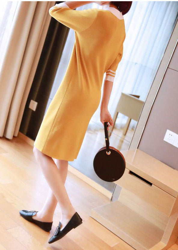 Yellow Slim Fit Knit Mid Dress Turn-down Collar Half Sleeve LY1444