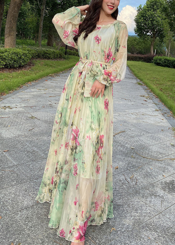 Yellow Tie Waist Chiffon Maxi Beach Dresses Long Sleeve LY1695